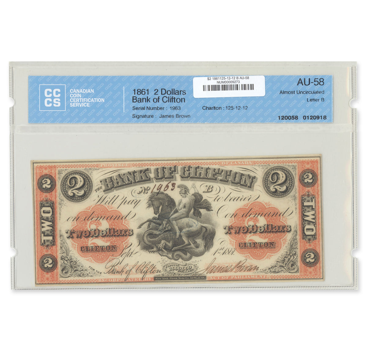 $2 1861 125-12-12 Bank of Clifton CCCS AU-58