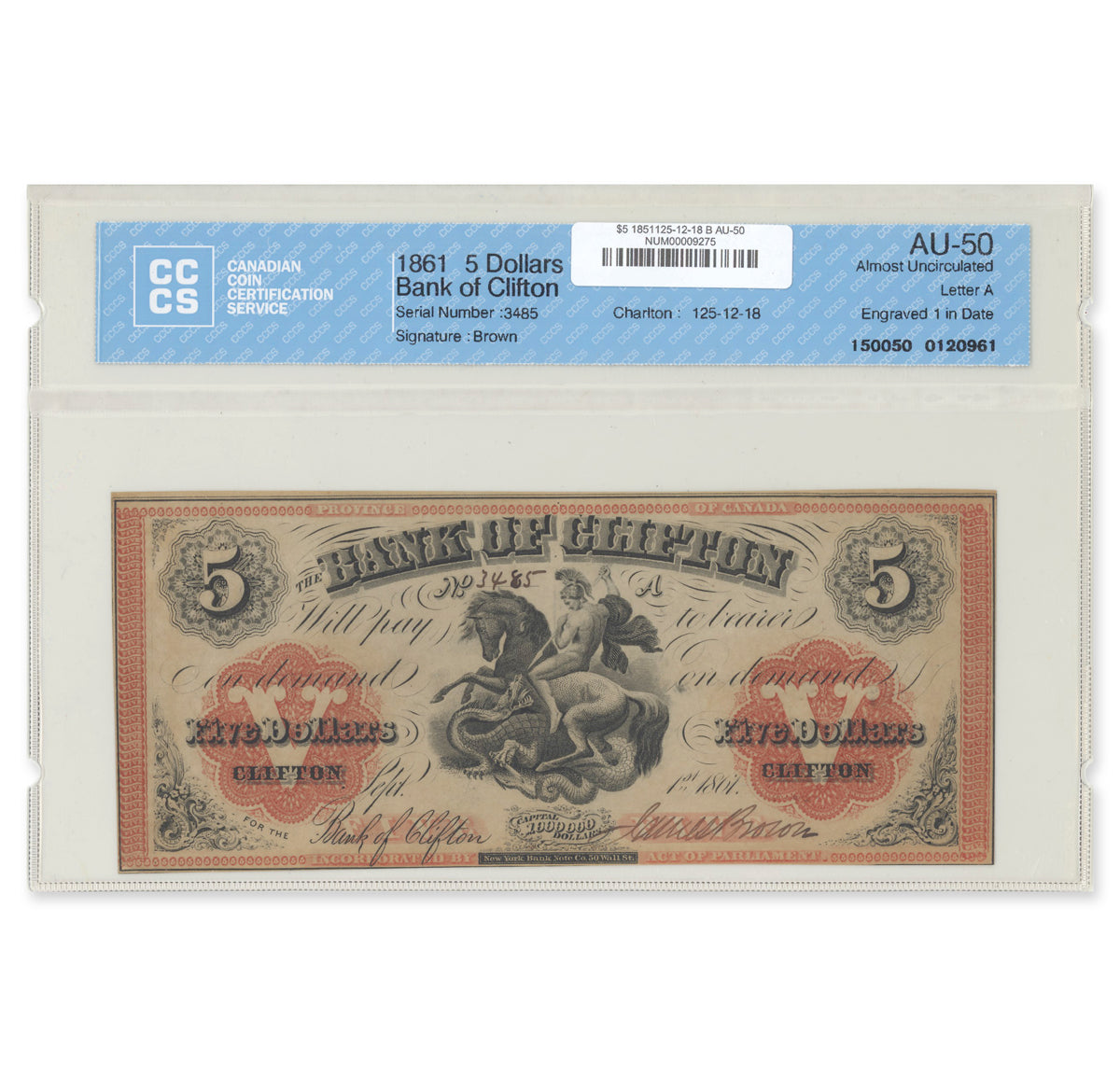 $5 1851 125-12-18 Bank of Clifton CCCS AU-50