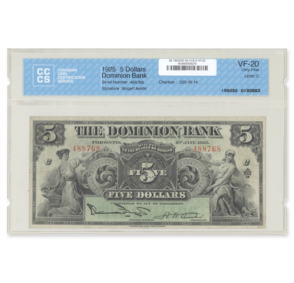 $5 1925 220-16-14 Dominion Bank Bogert-Austin CCCS VF-20