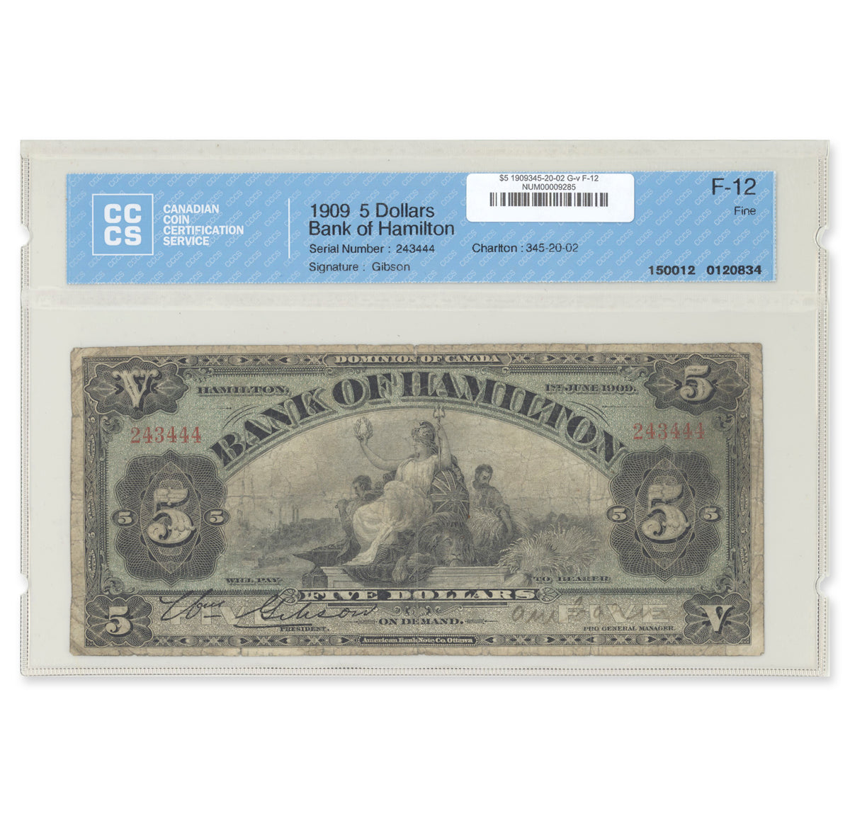 $5 1909 345-20-02 The Bank of Hamilton Gibson-various CCCS F-12