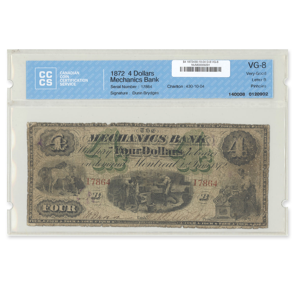 $4 1872 430-10-04 Mechanics Bank Dunn-Brydges CCCS VG-8