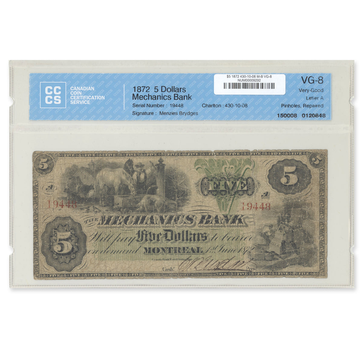 $5 1872 430-10-06 Mechanics Bank Menzies-Brydges CCCS VG-8