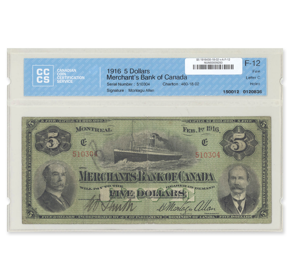 $5 1916 430-18-02 The Merchant's Bank of Cnada various-Allan CCCS F-12