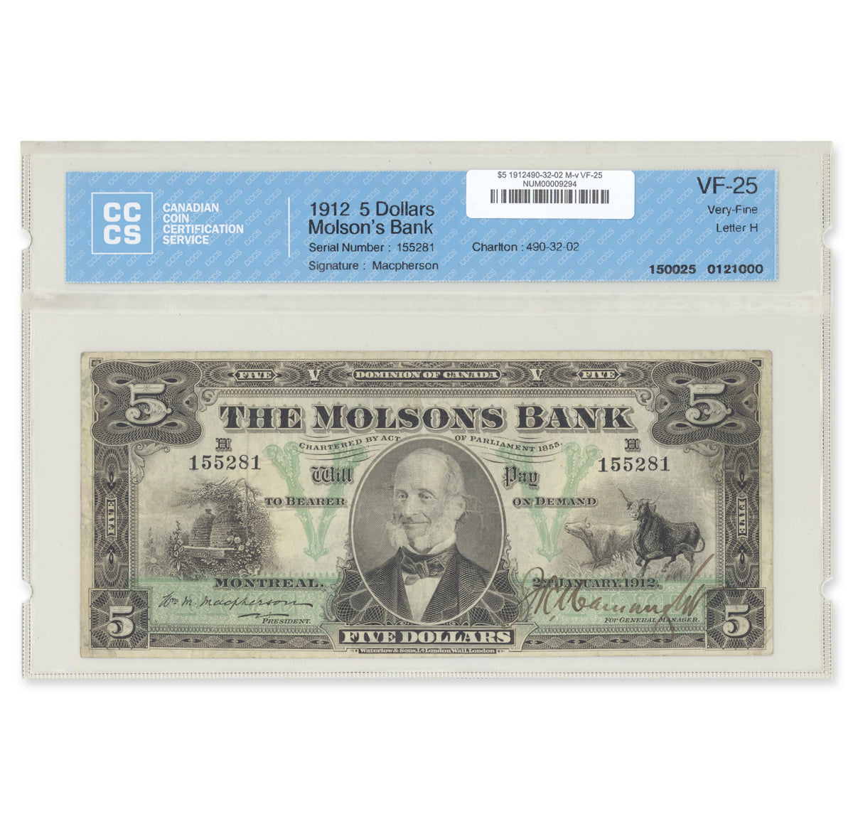 $5 1912 490-32-02 Molsons Bank Macpherson-various CCCS VF-25