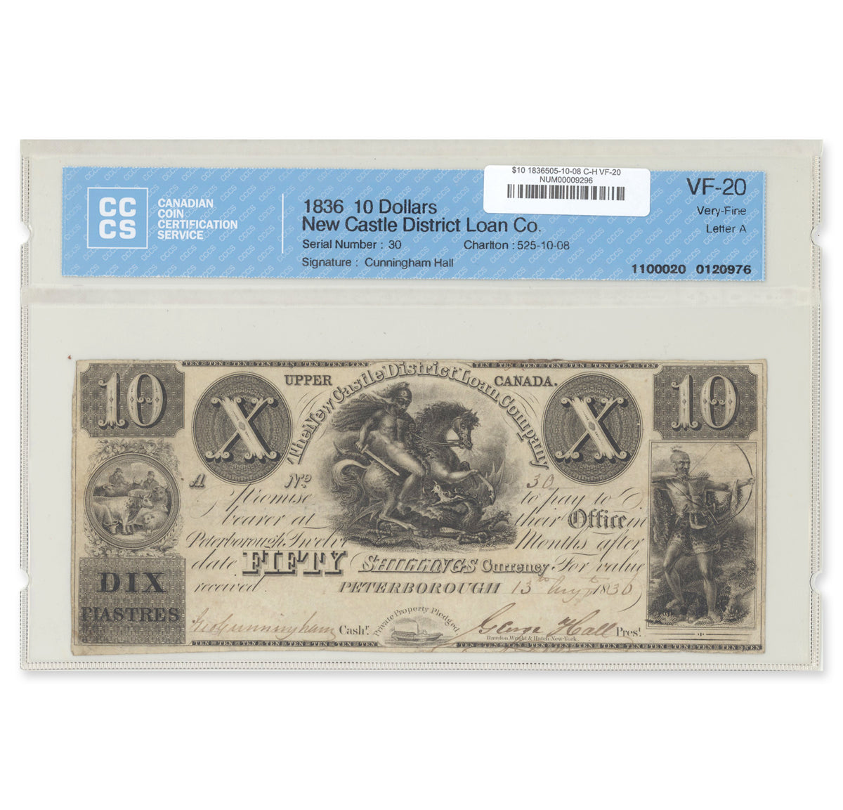 $10 1836 505-10-08 New Castle District Loan Company Cunningham-Hall CCCS VF-20