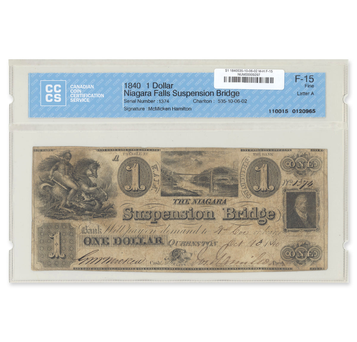 $1 1840 535-10-06-02 Niagara Suspension Bridge Bank McMicken-Hamilton CCCS F-15