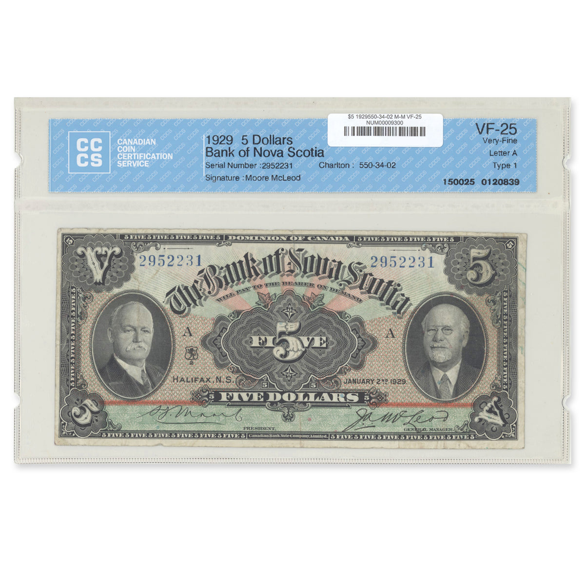 $5 1929 550-34-02 Bank of Nova Scotia Moore-McLeod CCCS VF-25