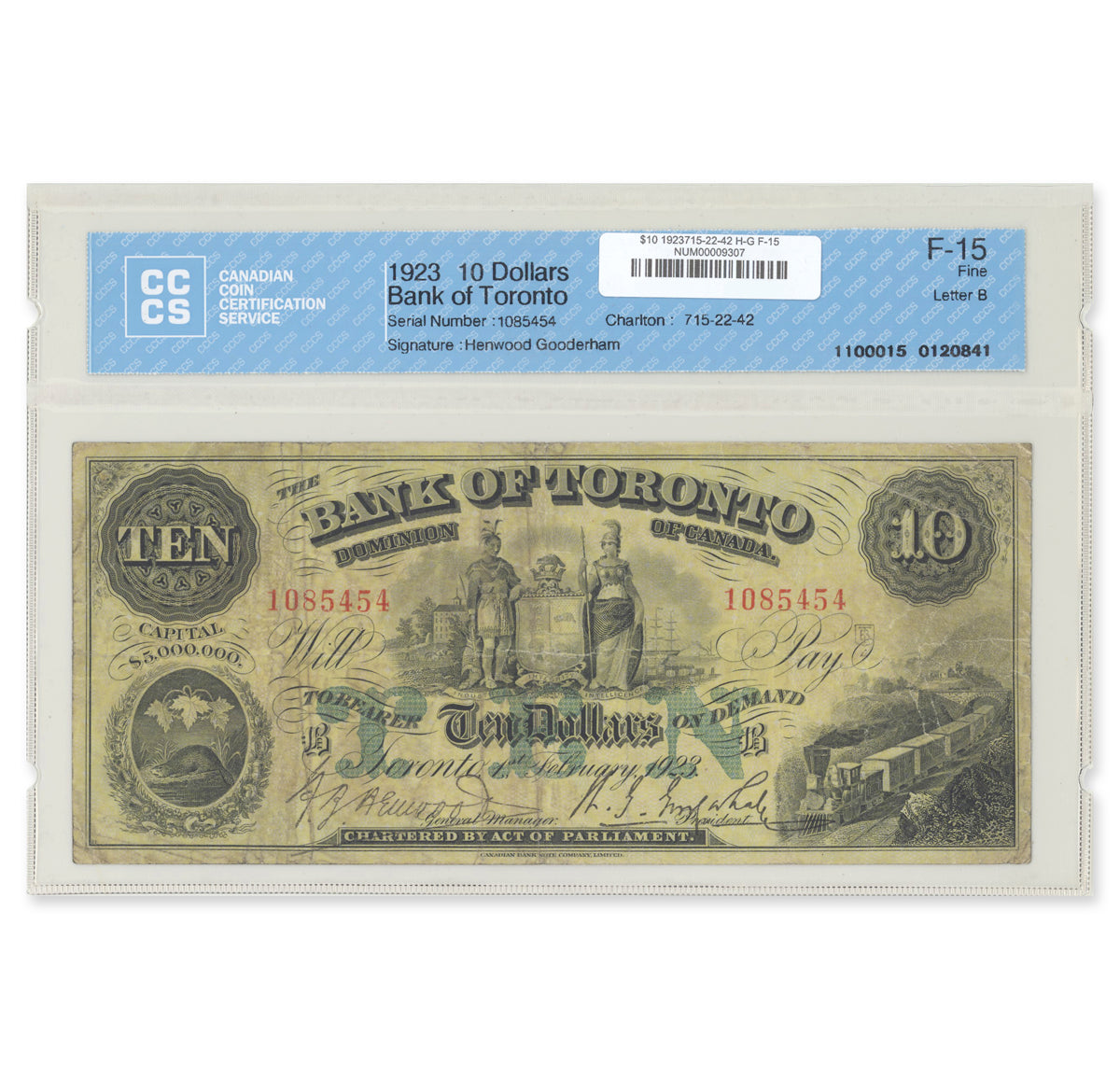 $10 1923 715-22-42 The Bank of Toronto Henwood-Gooderham CCCS F-15