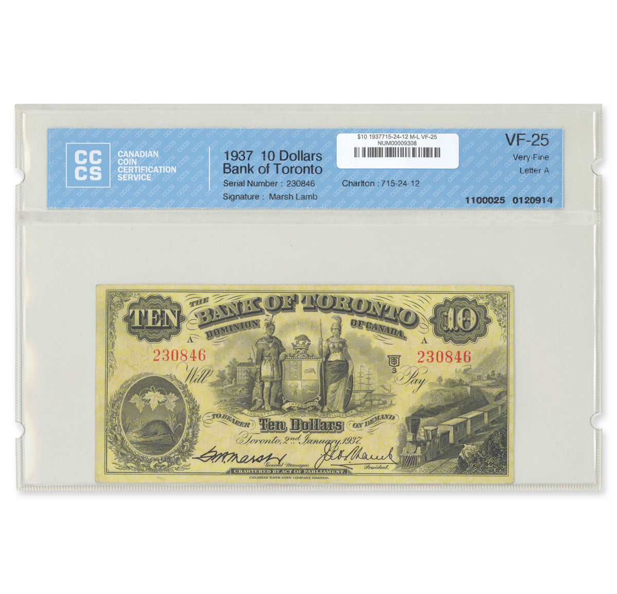 $10 1937 715-24-12 The Bank of Toronto Marsh-Lamb CCCS VF-25