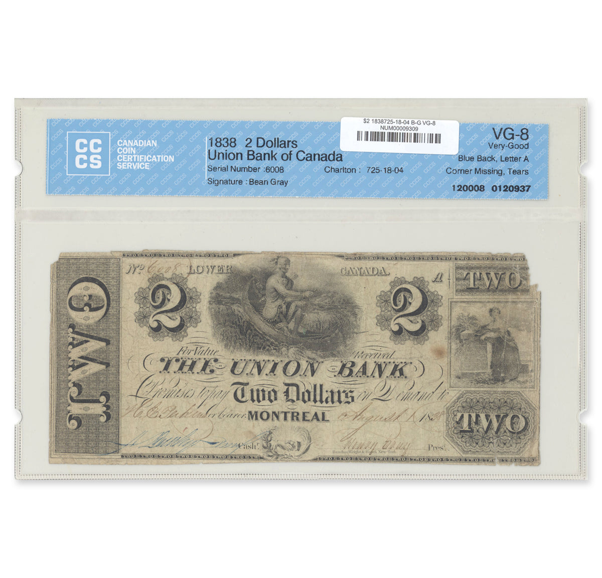 $2 1838 725-18-04 Union Bank Bean-Gray CCCS VG-8