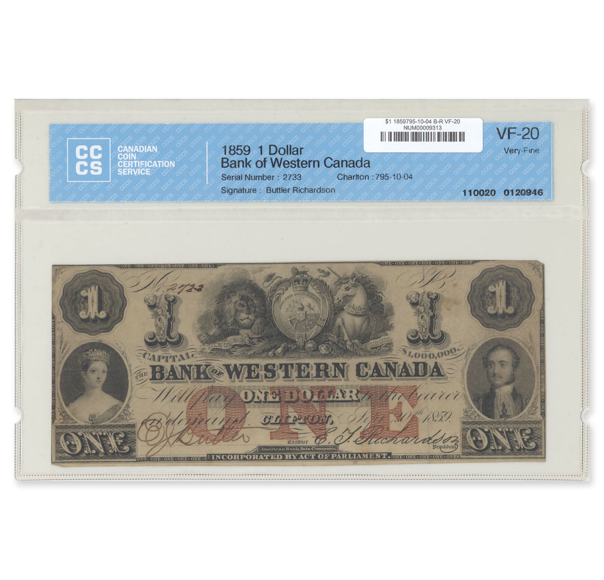 $1 1859 795-10-04 The Bank of Western Canada Butler-Richardson CCCS VF-20