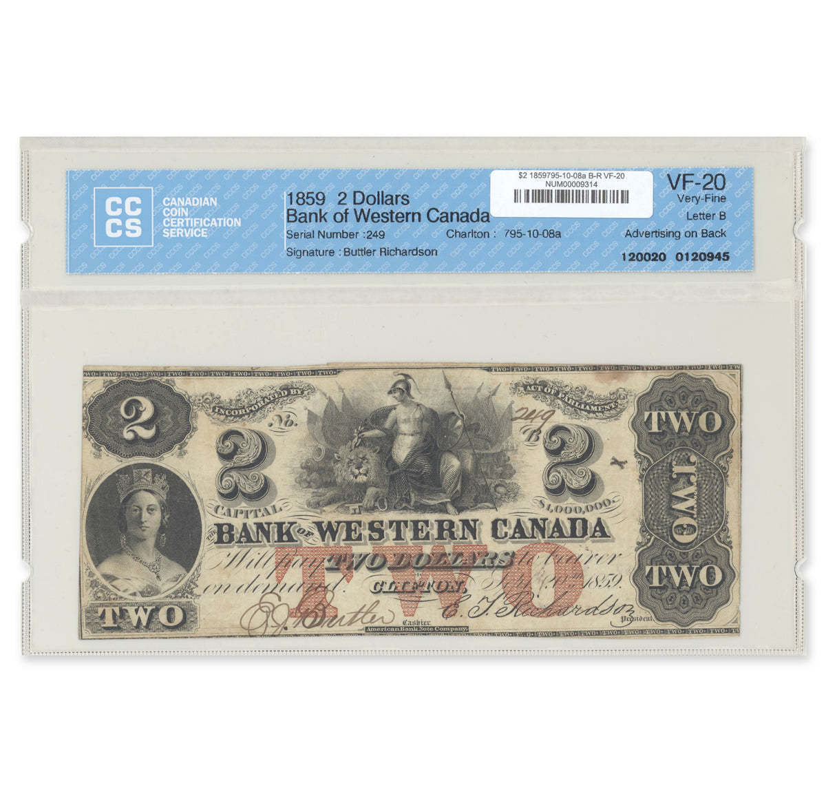 $2 1859 795-10-08a The Bank of Western Canada Butler-Richardson CCCS VF-20