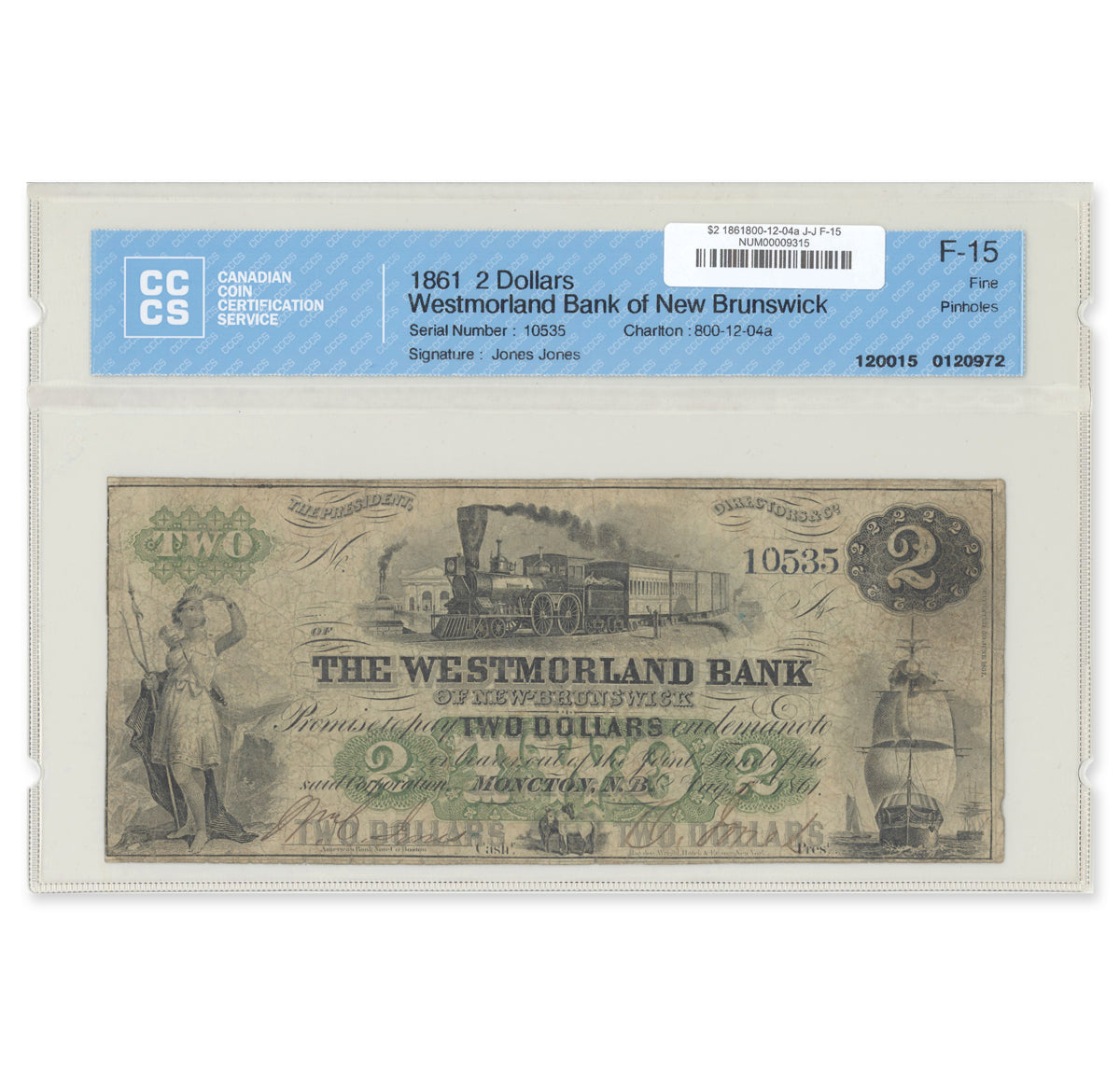 $2 1861 800-12-04a Westmorland Bank of New Brunswick Jones-Jones CCCS F-15