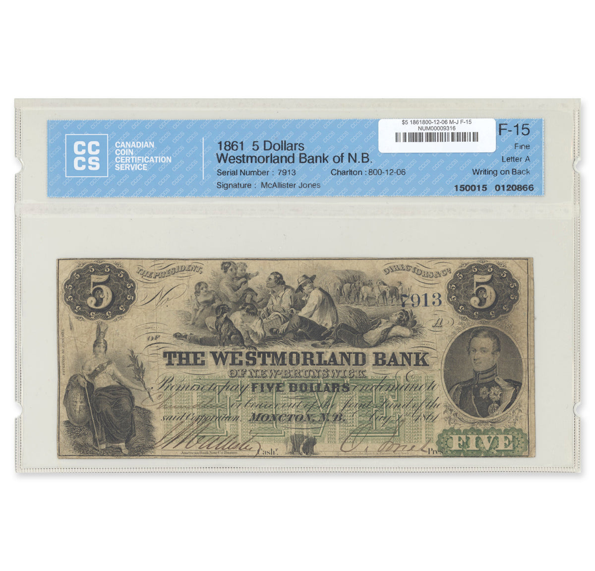 $5 1861 800-12-06 Westmorland Bank of New Brunswick McAllister-Jones CCCS F-15