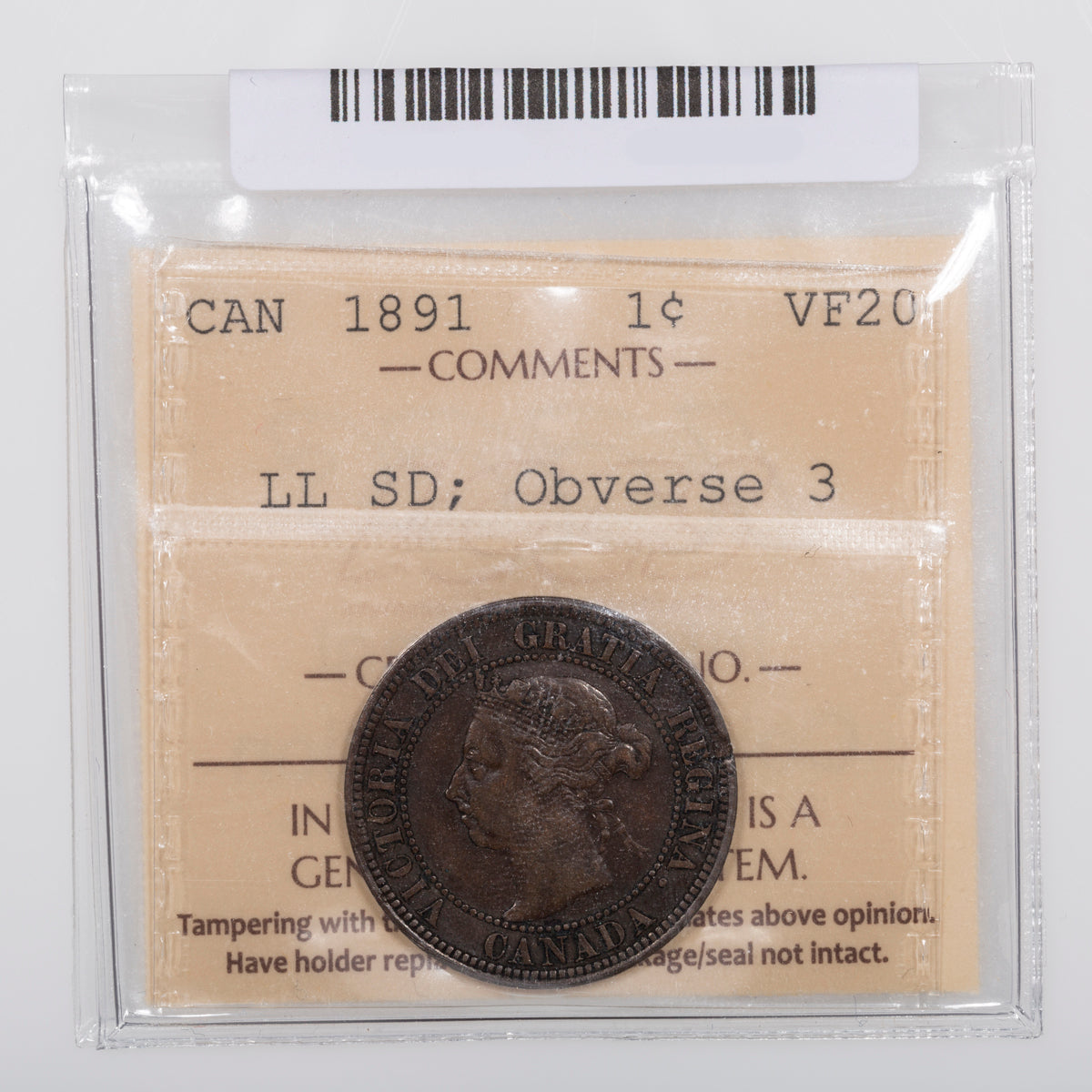 1 Cent 1891 LL SD Obv 3 ICCS VF-20