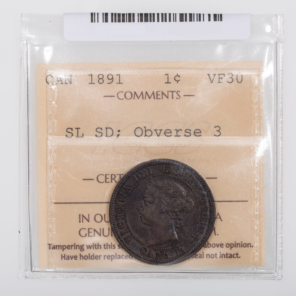1 Cent 1891 SL SD Obv 3 ICCS VF-30