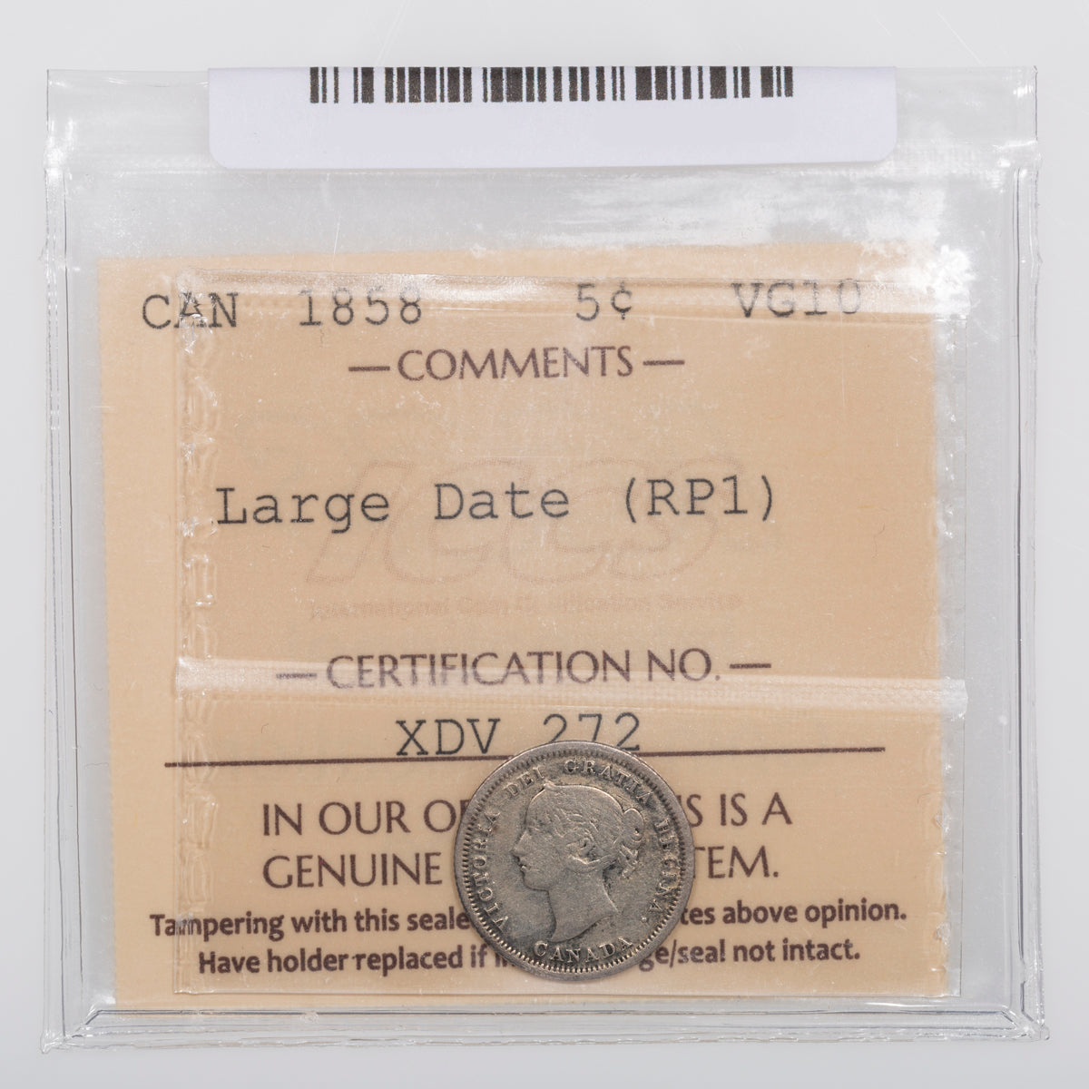 5 Cent 1858 Large Date (RP1) ICCS VG-10
