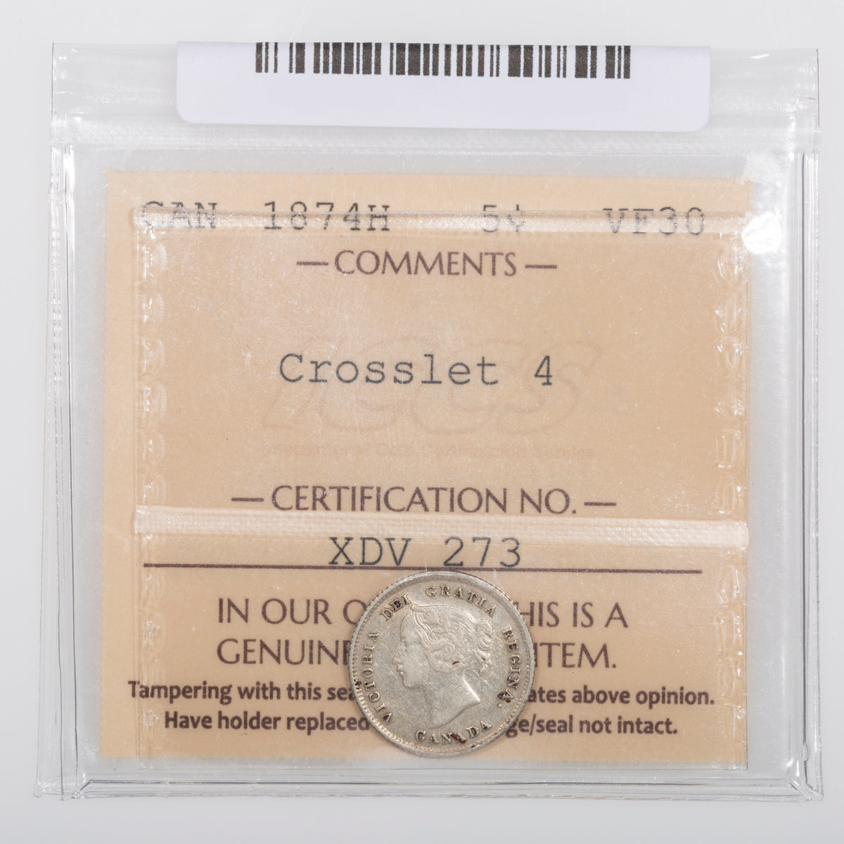 5 Cent 1874H Crosslet 4 ICCS VF-30