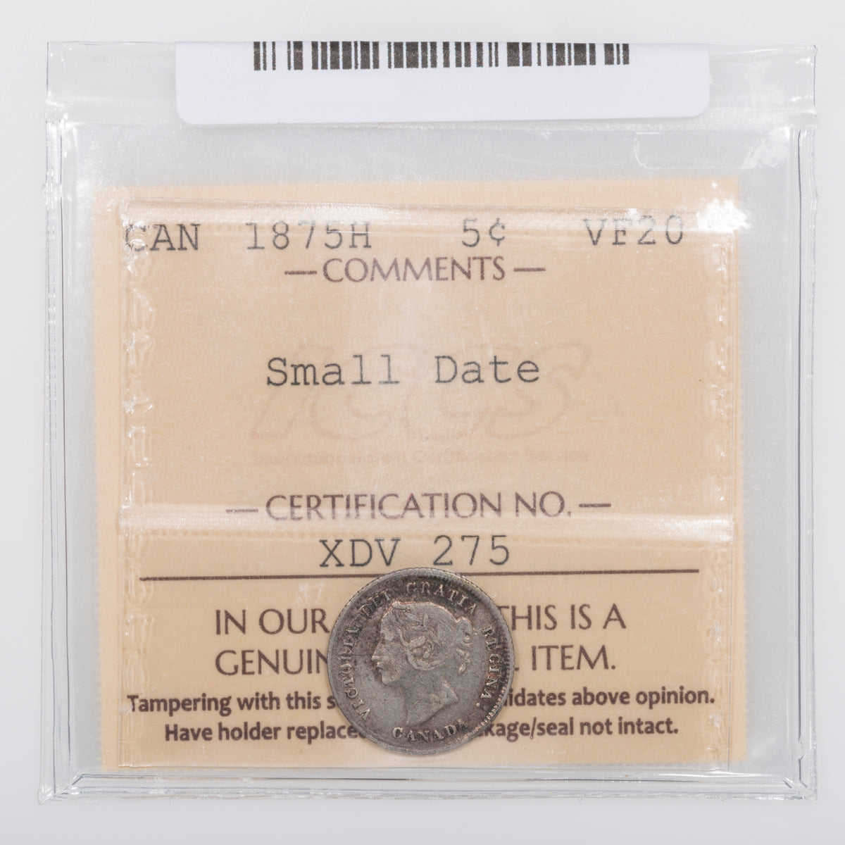 5 Cent 1875H Small Date ICCS VF-20