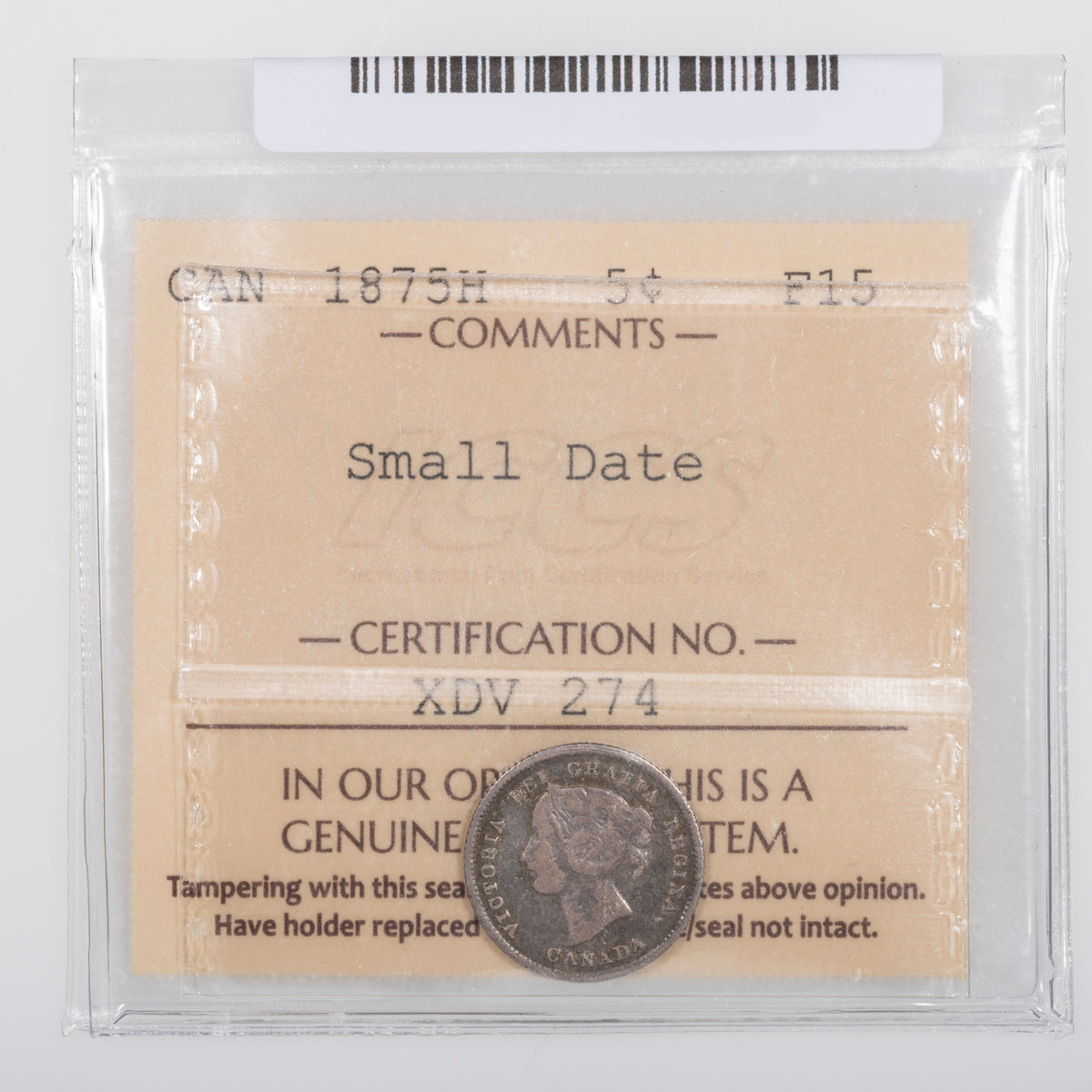 5 Cent 1875H Small Date ICCS F-15