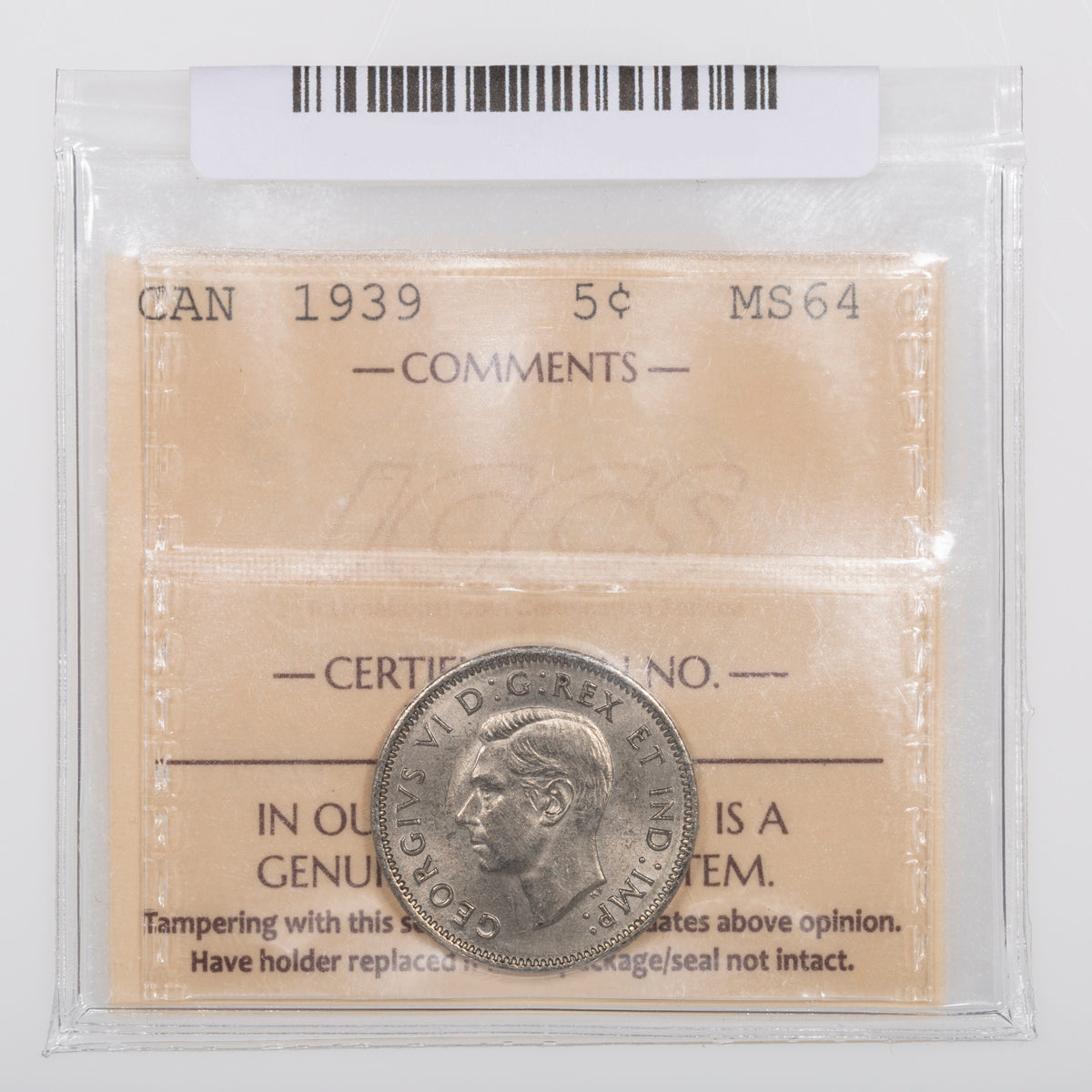 5 Cent 1939 ICCS MS-64