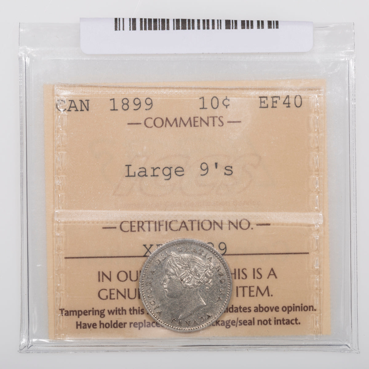 10 Cent 1899 Large 9 ICCS EF-40