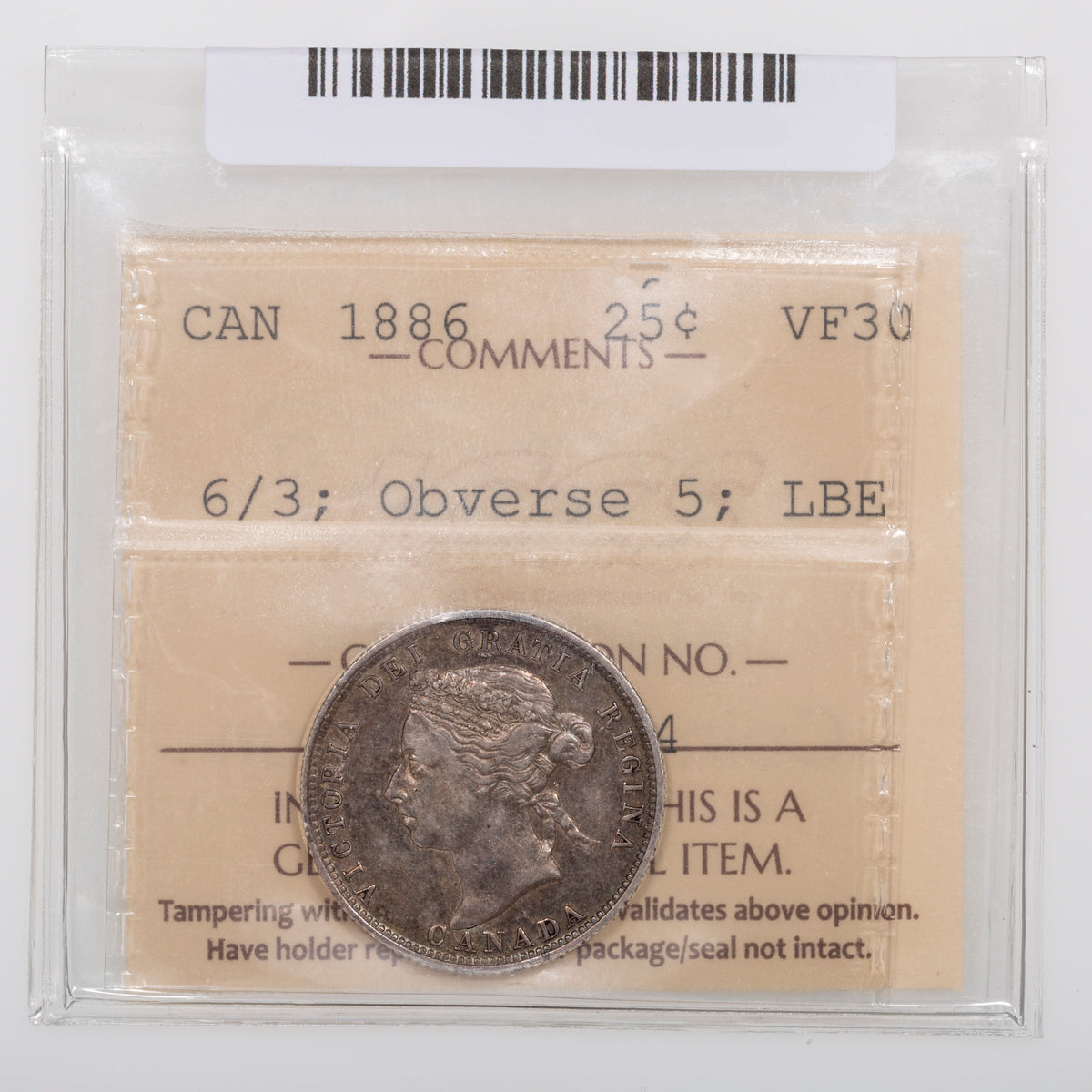 25 Cent 1886 6/3 Obv 5 LBE ICCS VF-30