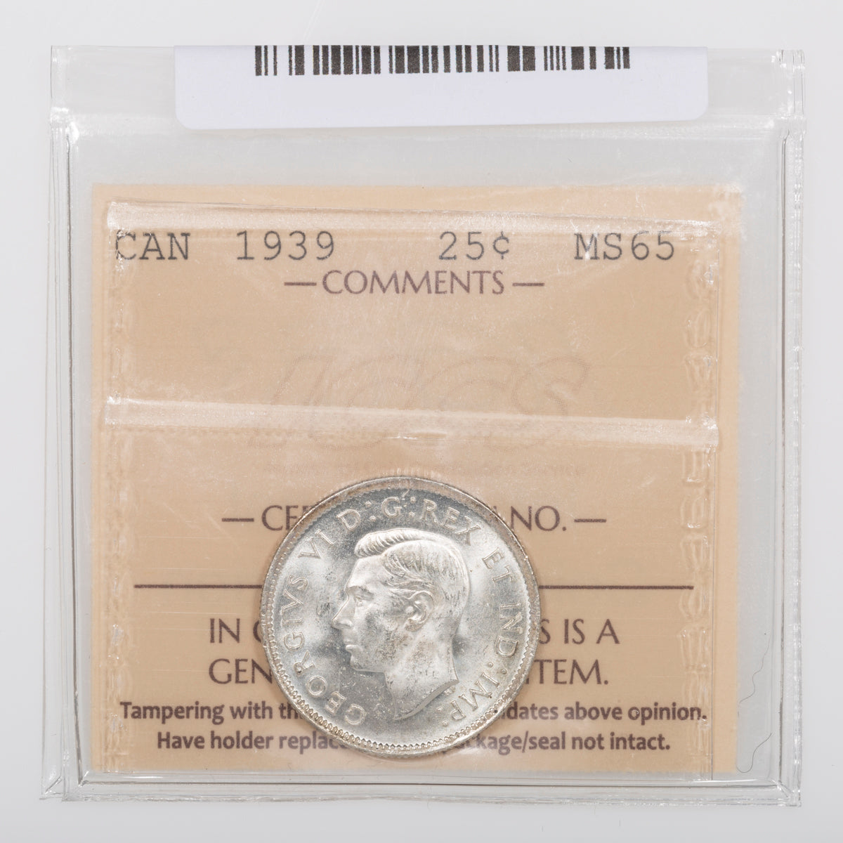 25 Cent 1939 ICCS MS-65