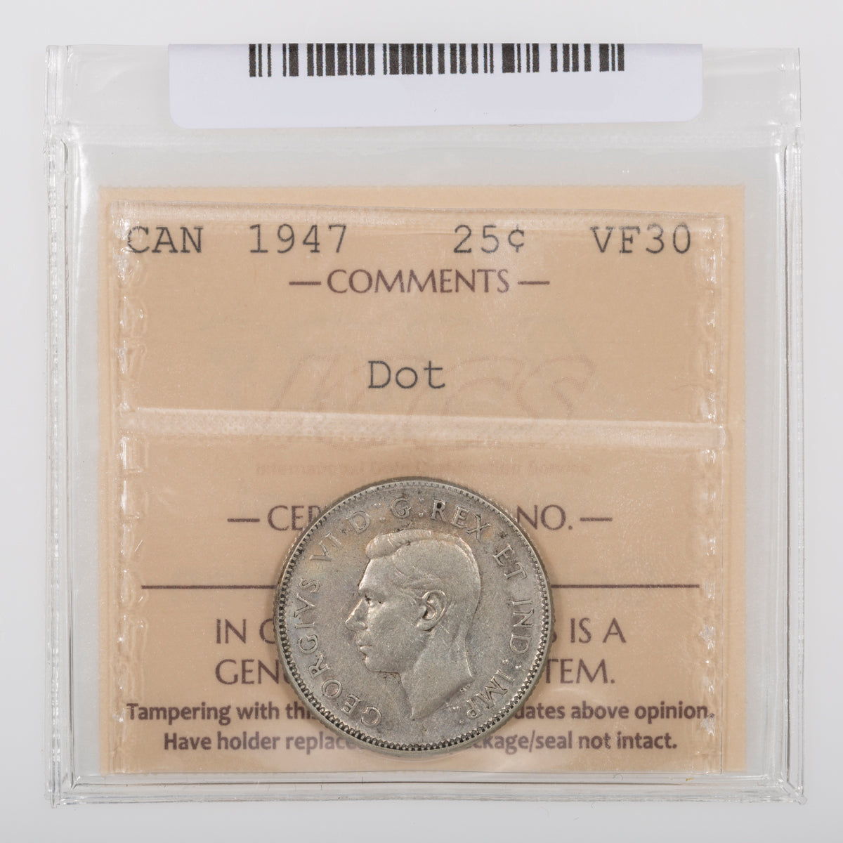 25 Cent 1947 Dot ICCS VF-30