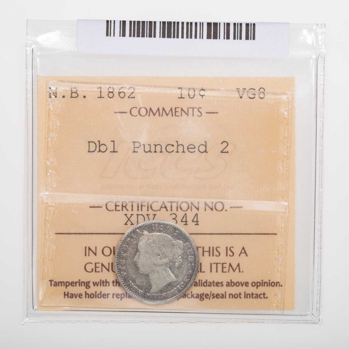 NB 10 Cent 1862 Double punched 2 ICCS VG-8