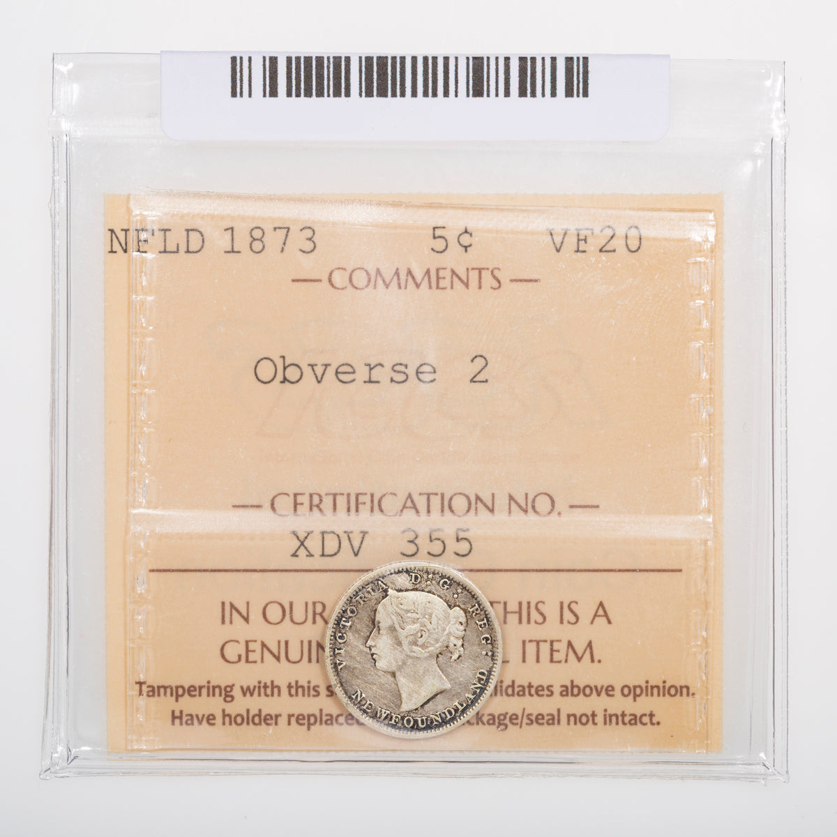 NFLD 5 Cent 1873 Obv 2 ICCS VF-20