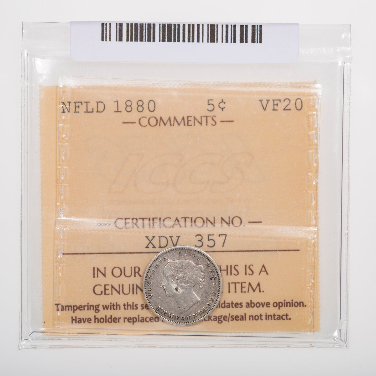 NFLD 5 Cent 1880 ICCS VF-20