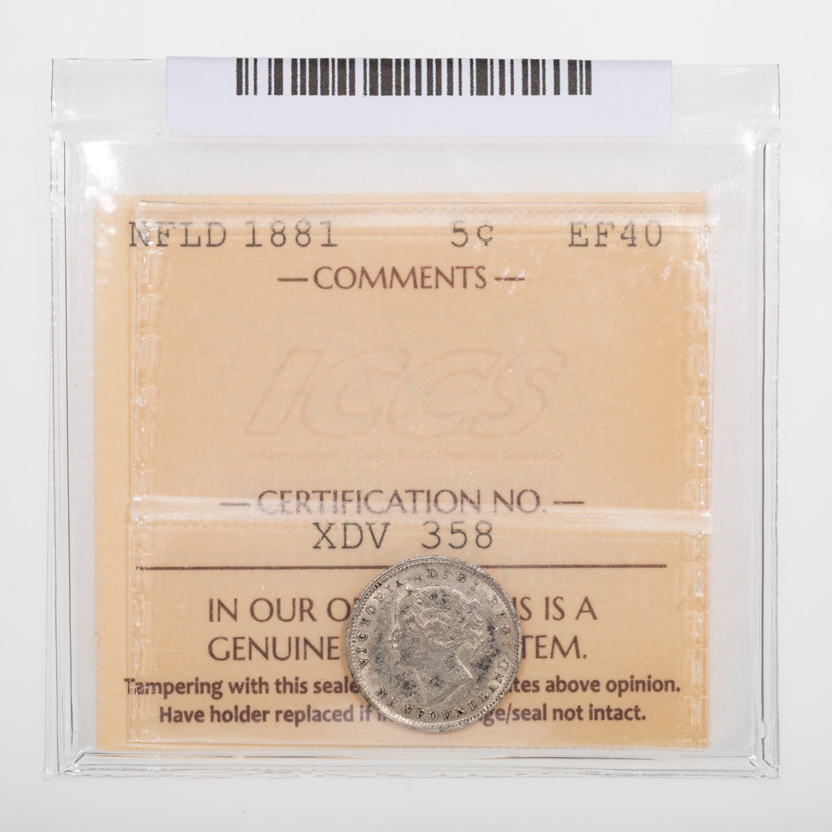 NFLD 5 Cent 1881 ICCS EF-40