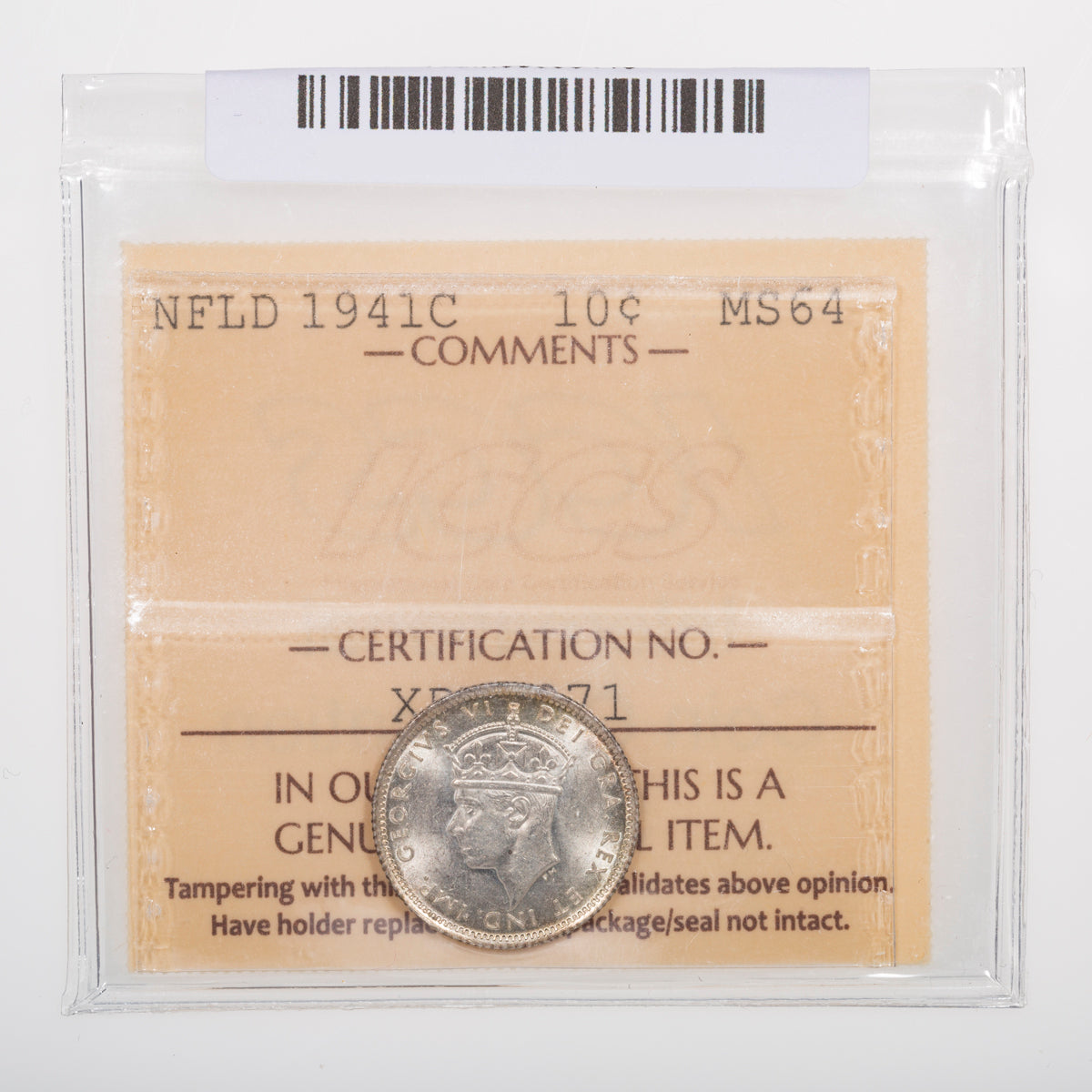 NFLD 10 Cent 1941C ICCS MS-64