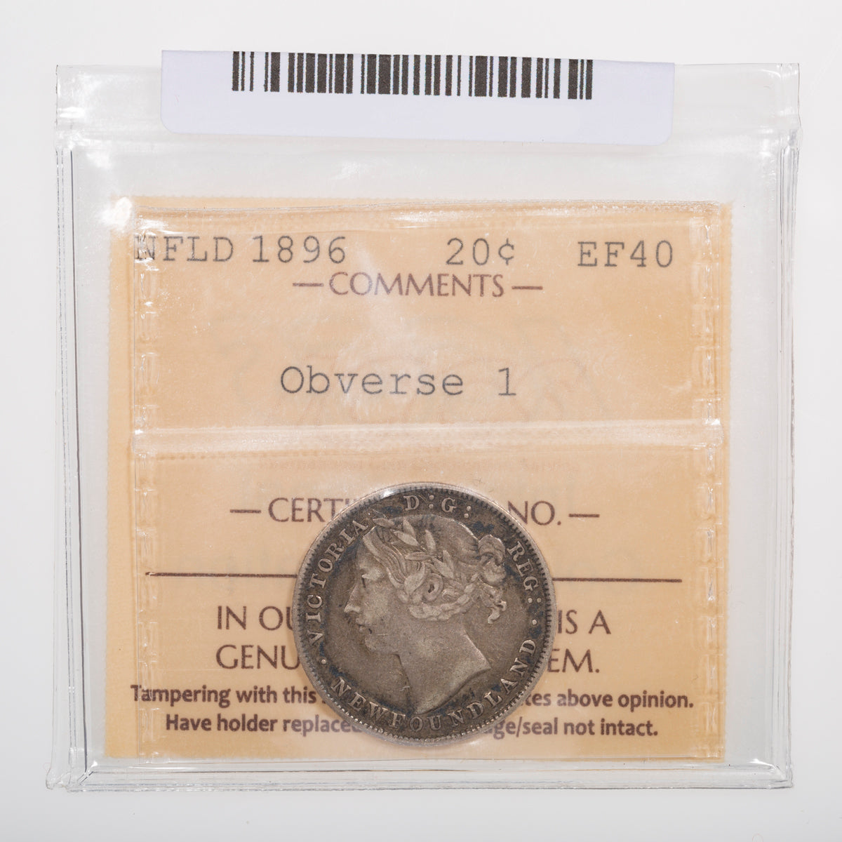 NFLD 20 Cent 1896 Obv 1 L96 ICCS EF-40