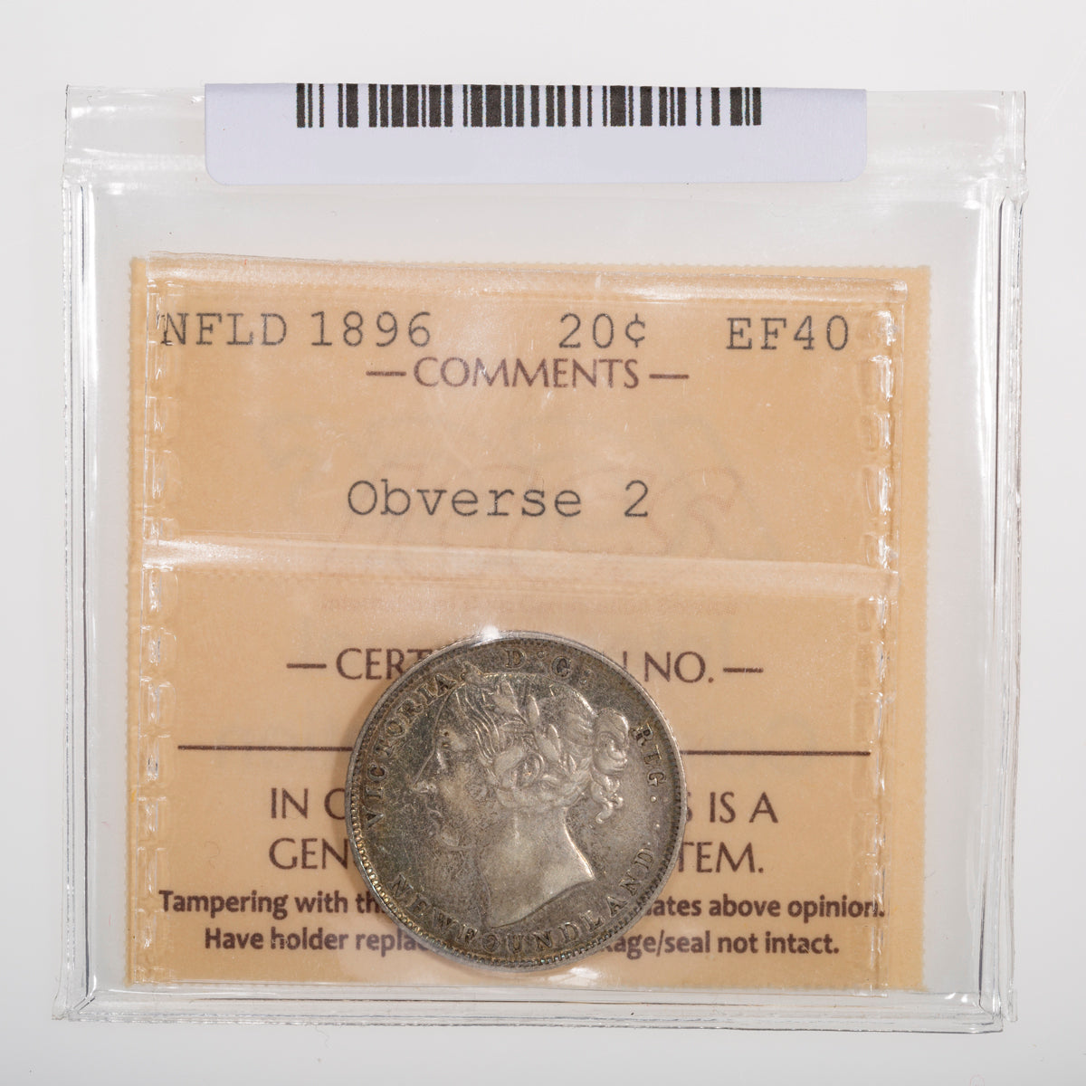 NFLD 20 Cent 1896 Obv 2 S96 ICCS EF-40