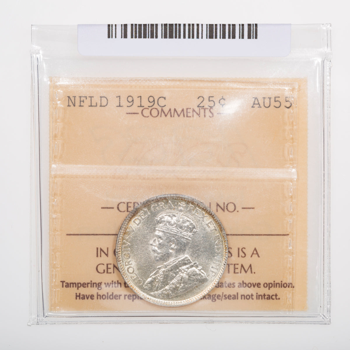 NFLD 25 Cent 1919C ICCS AU-55