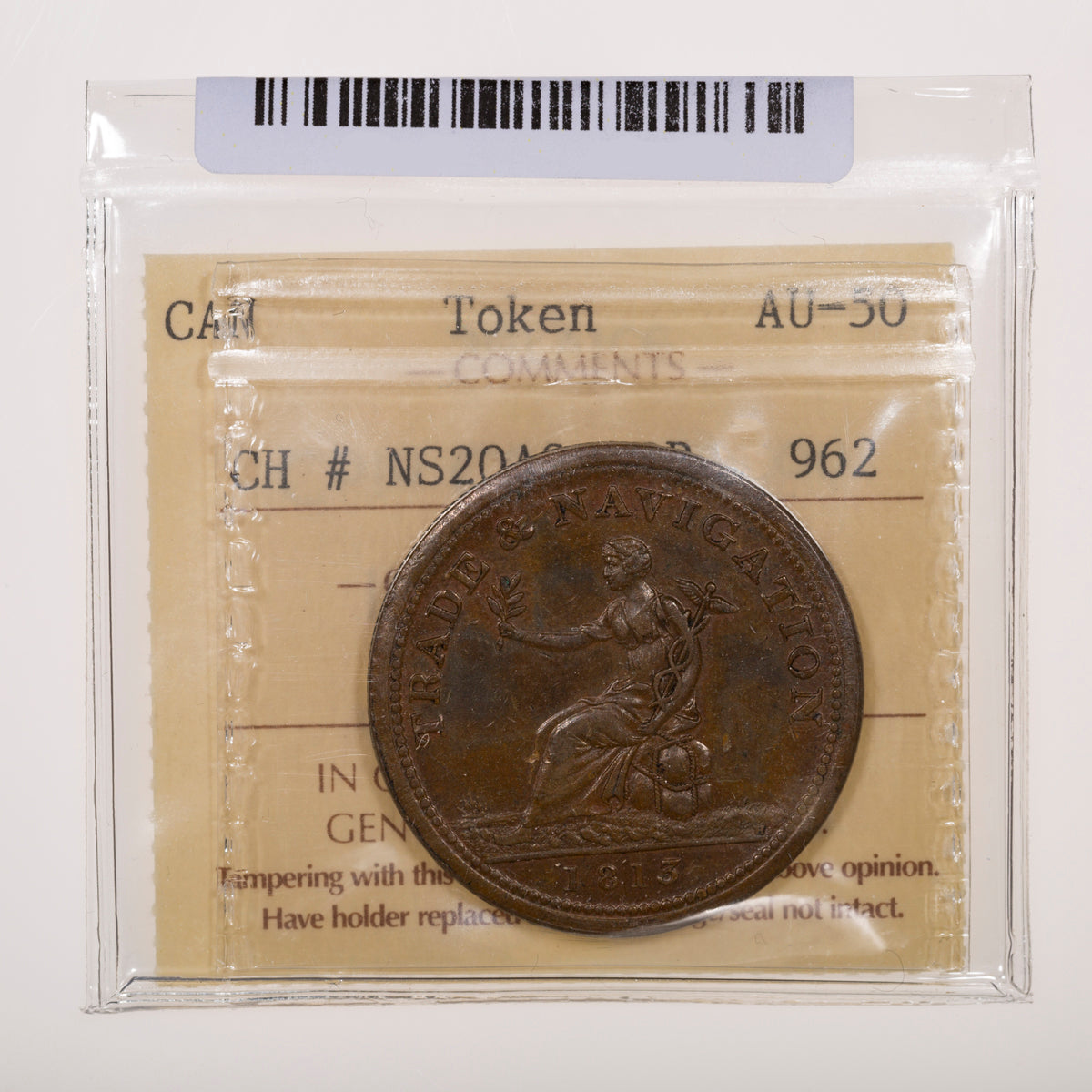 Large letters; Ship sailing on calm seas Canada Nova Scotia Trade & Navigation Token Base Penny 1815 AU-50