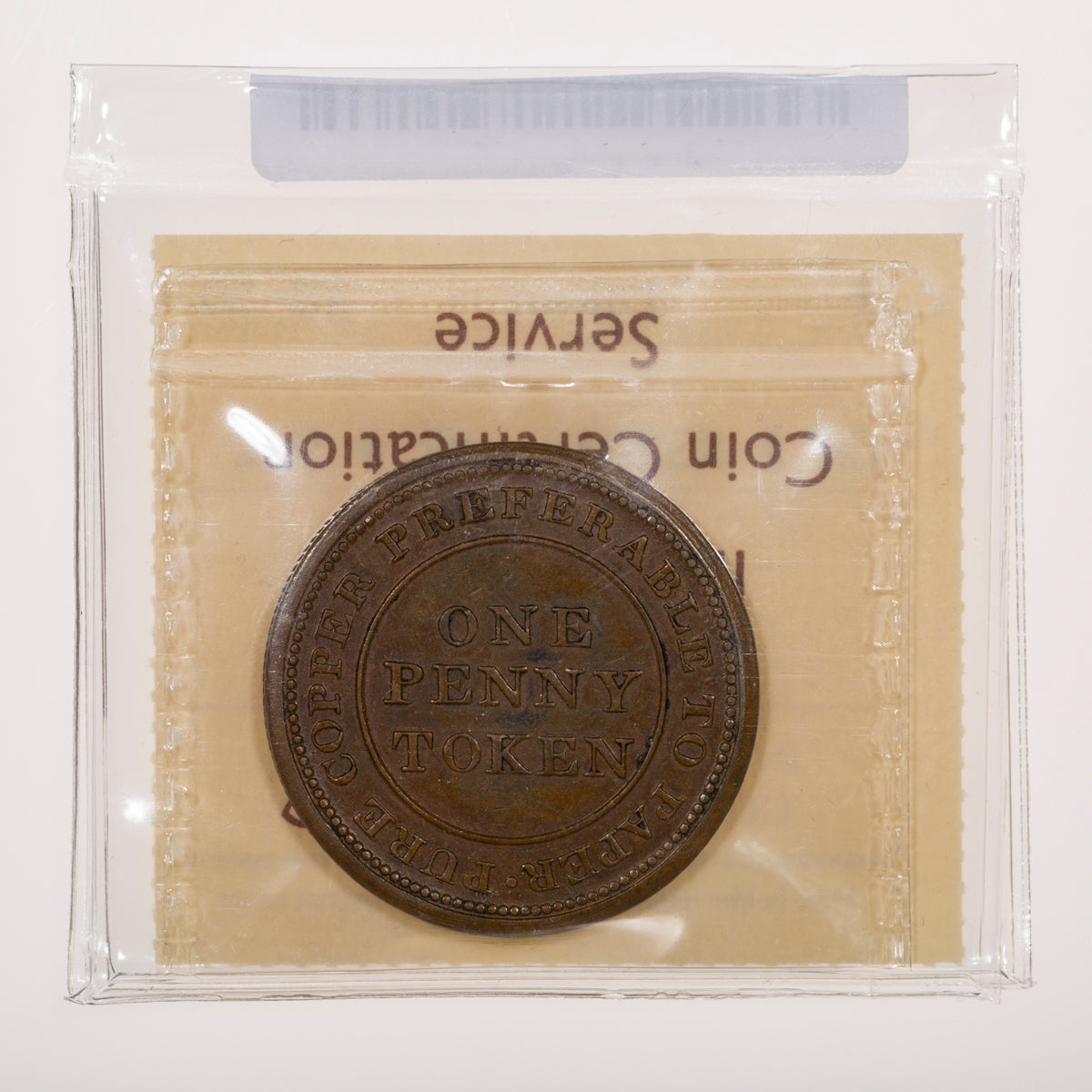 Large letters; Ship sailing on calm seas Canada Nova Scotia Trade & Navigation Token Base Penny 1815 AU-50