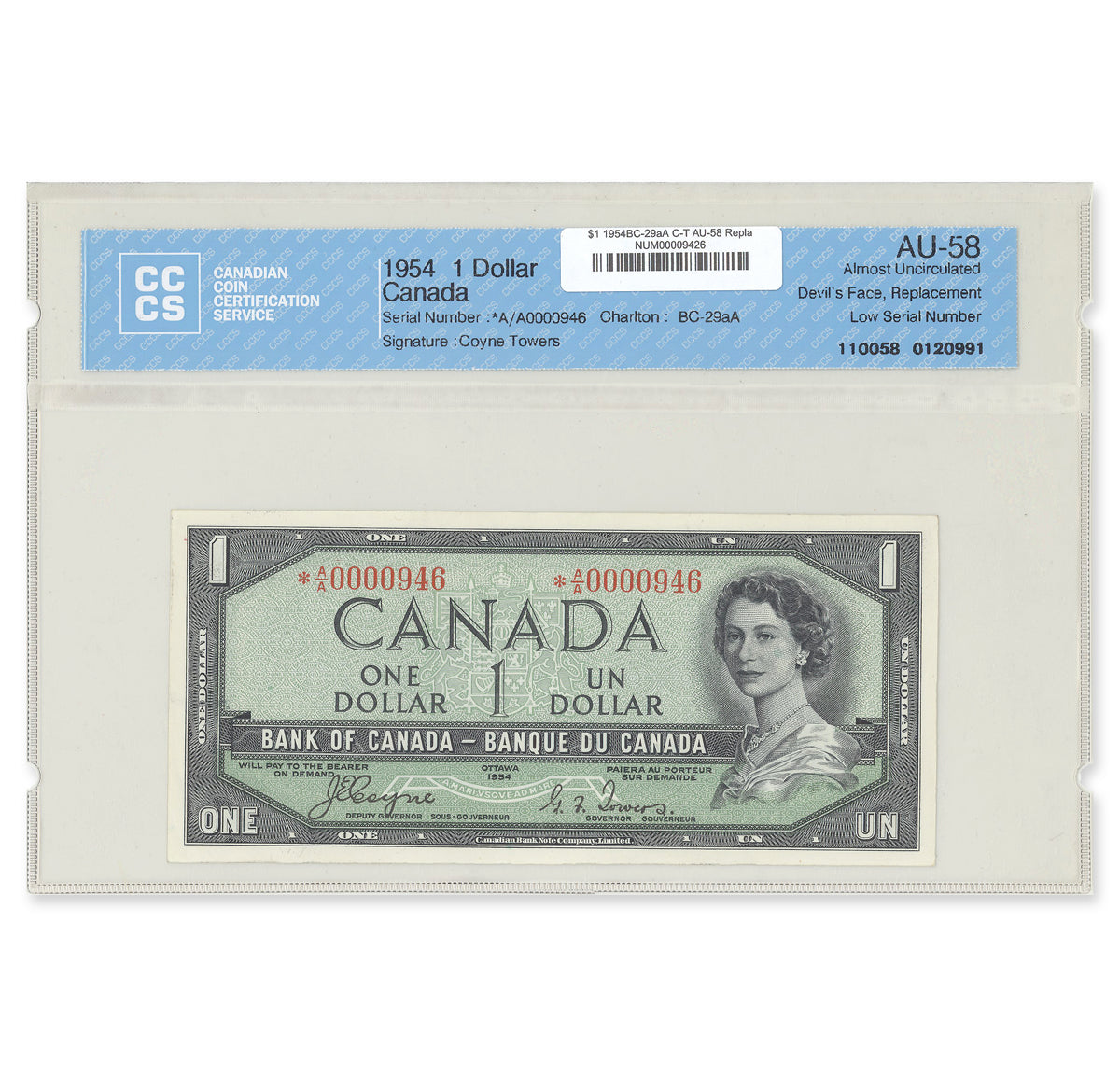 $1 1954 Devil's Face Series BC-29aA Replacement Coyne-Towers Prefix *A/A CCCS AU-58