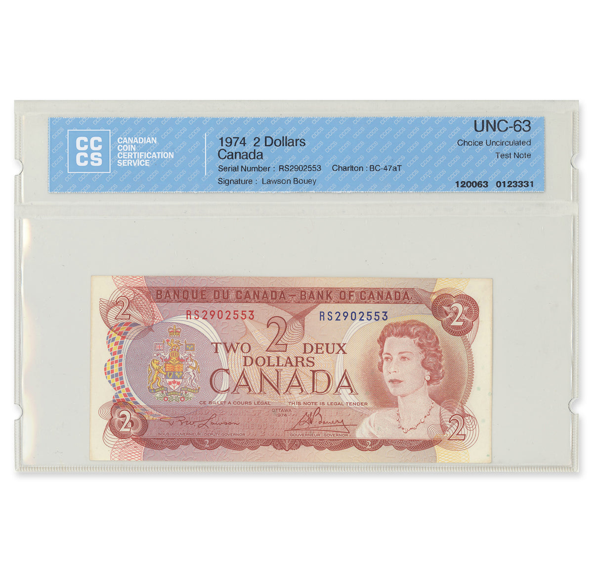 $2 1974 BC-47aT Consecutive Test Note Lawson-Bouey Prefix RS CCCS CUNC-63