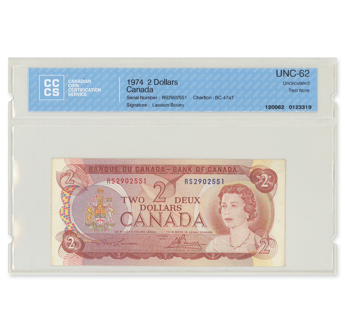 $2 1974 BC-47aT Consecutive Test Note Lawson-Bouey Prefix RS CCCS UNC-62