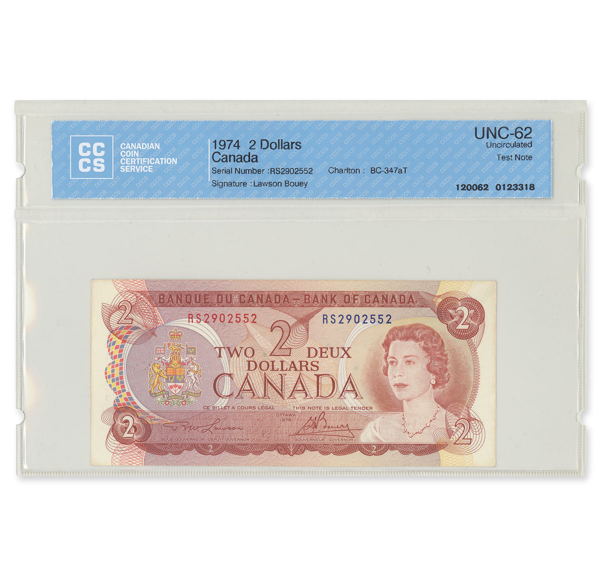 $2 1974 BC-47aT Consecutive Test Note Lawson-Bouey Prefix RS CCCS UNC-62