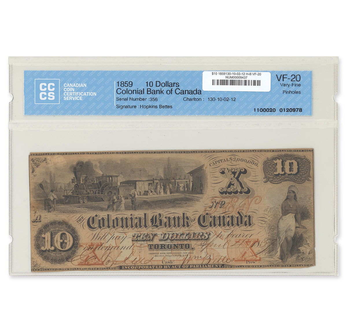 $10 1859 130-10-02-12 Colonial Bank of Canada Hopkins-Bettes CCCS VF-20