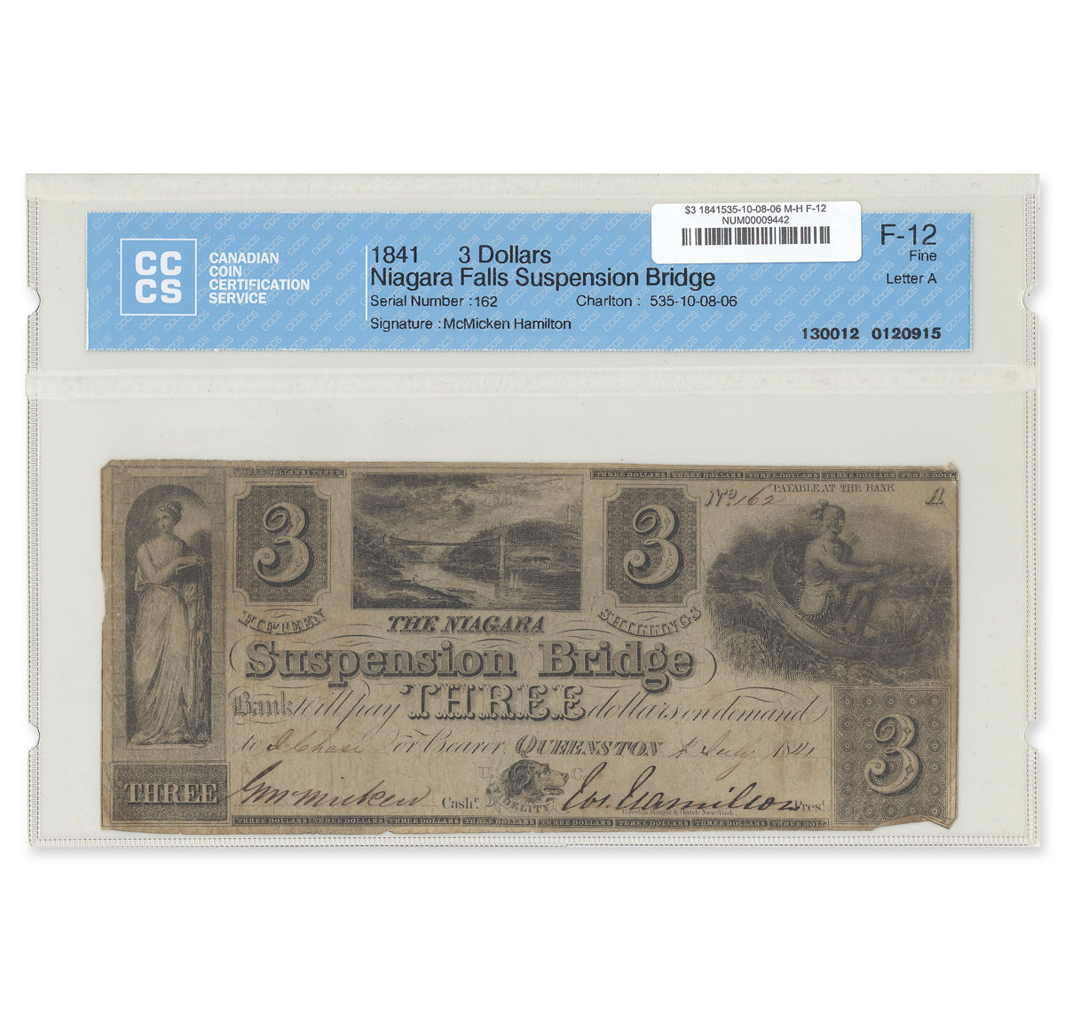 $3 1841 535-10-08-06 Niagara Suspension Bridge Bank McMicken-Hamilton CCCS F-12