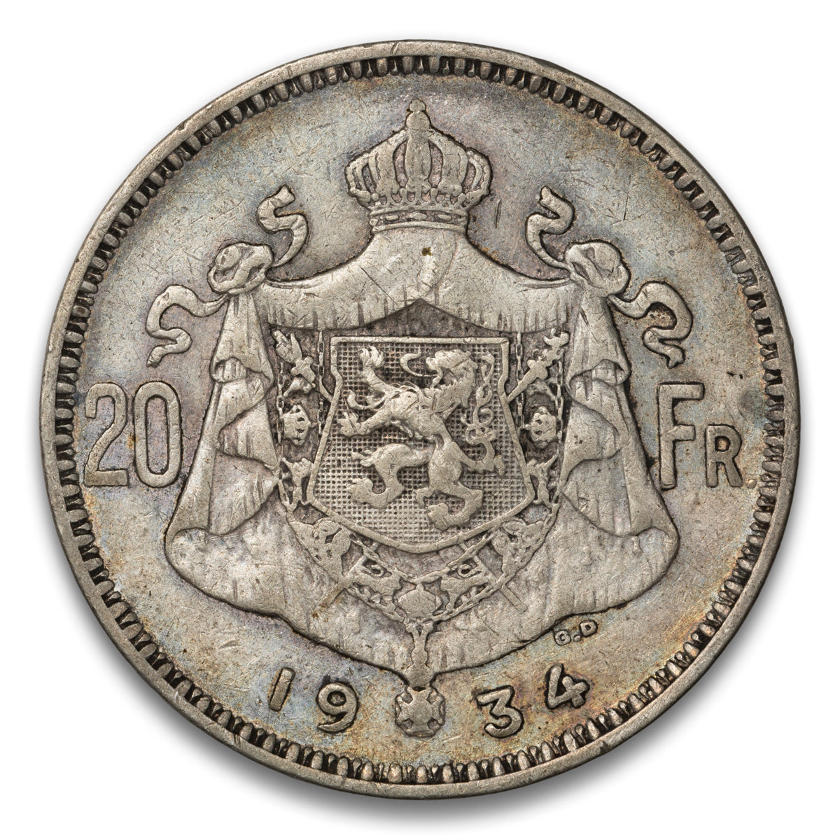Dutch; Position B Belgium Silver 20 Francs 1934