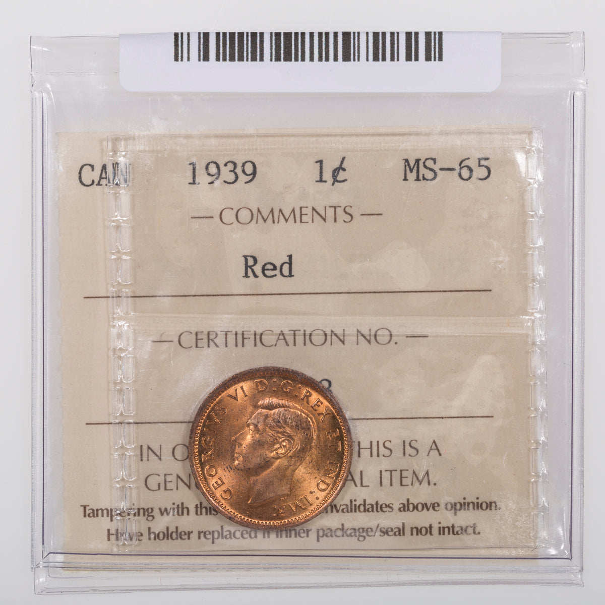 1 Cent 1939 ICCS MS-65 Red