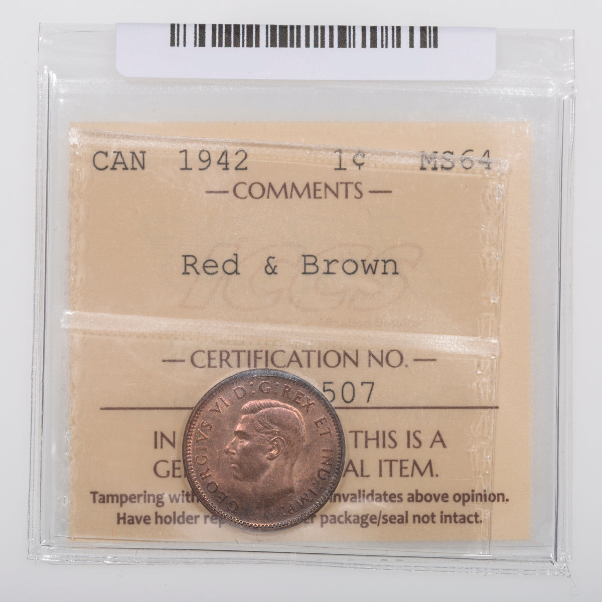 1 Cent 1942 ICCS MS-64 Red & Brown