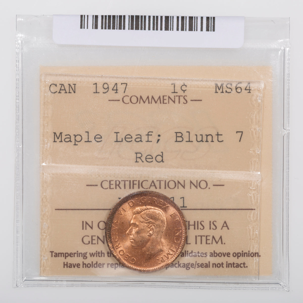 1 Cent 1947 ML Blunt 7 ICCS MS-64 Red