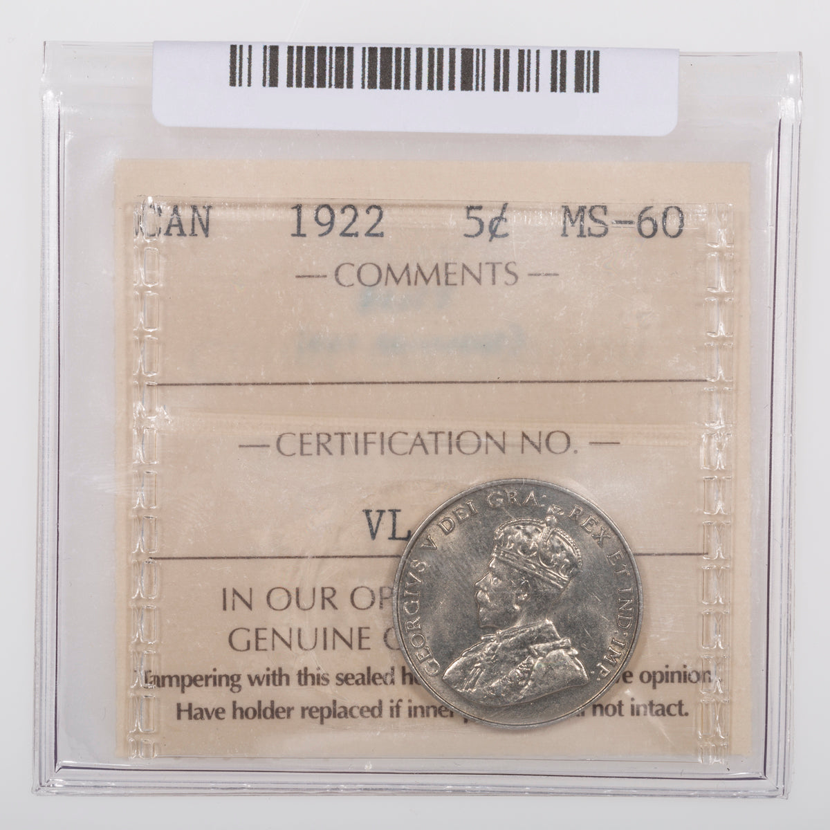 5 Cent 1922 ICCS MS-60